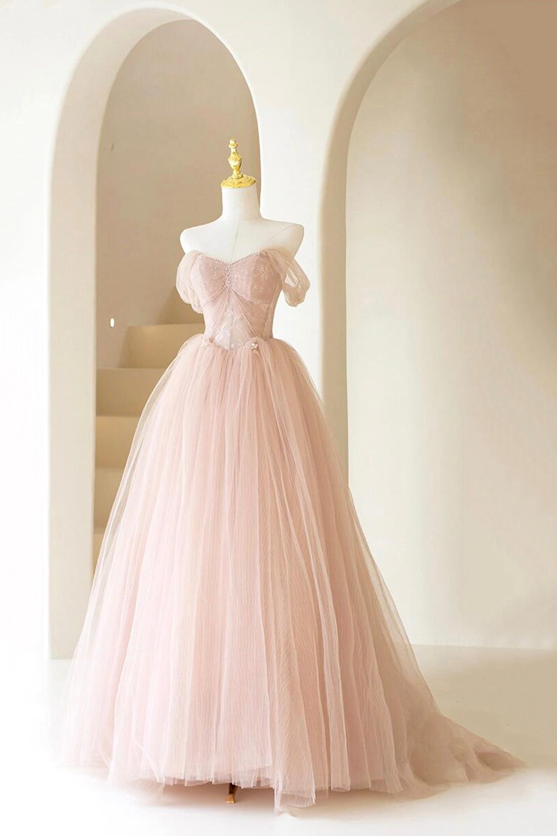 Pink Tulle Lace Long Formal Dress, Beautiful A-Line Off Shoulder Pink Prom Dress
