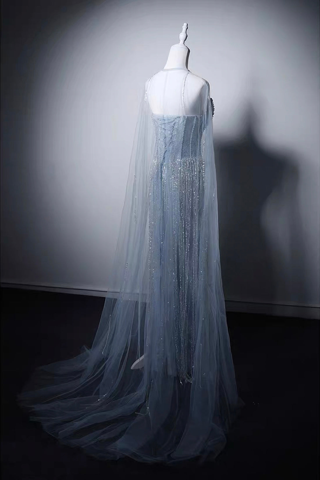Elegant Light Blue Beaded Mermaid Gown with Detachable Tulle Cape