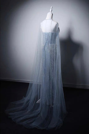 Elegant Light Blue Beaded Mermaid Gown with Detachable Tulle Cape