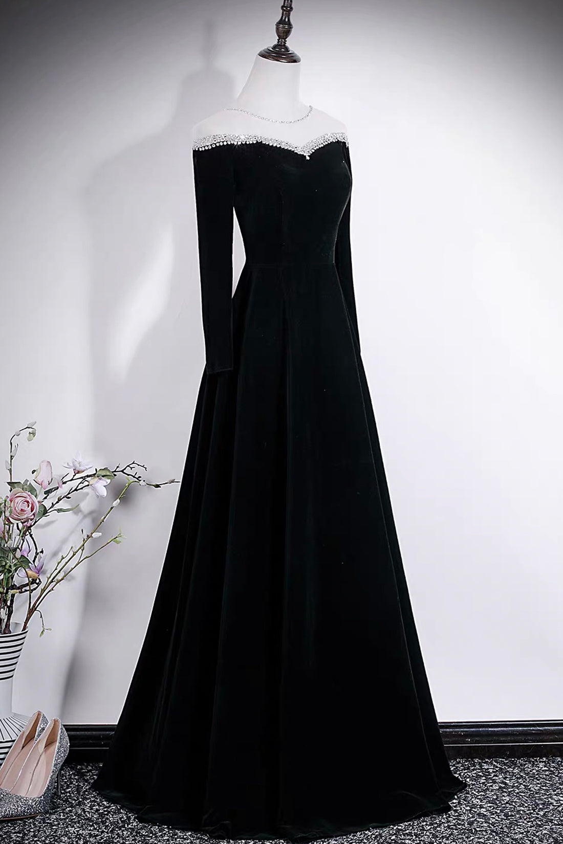 Black Velvet Off-Shoulder Long Sleeve Evening Gown with Crystal Trim