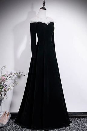 Black Velvet Off-Shoulder Long Sleeve Evening Gown with Crystal Trim