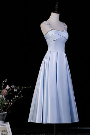 Light Blue Satin A-Line Midi Dress with Crystal & Pearl Embellished Square Neck
