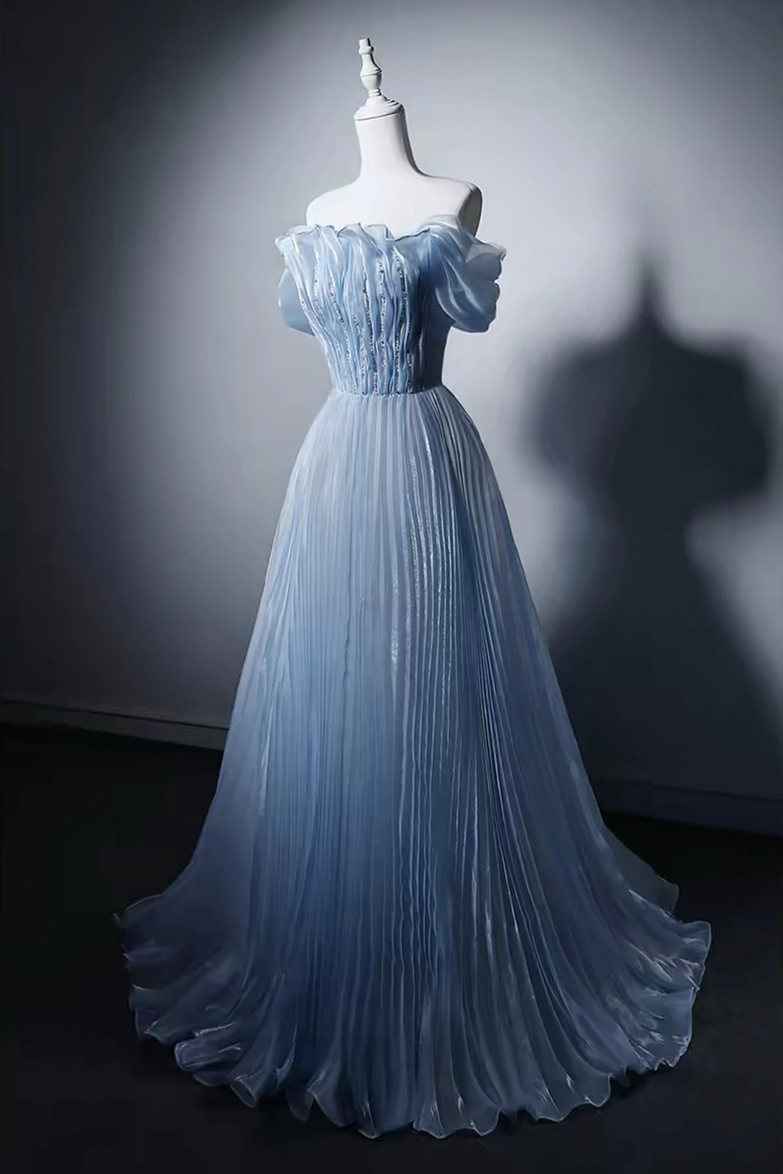 Light Blue Off-Shoulder Beaded Waist Pleated Gown with Ruffled Shoulders
