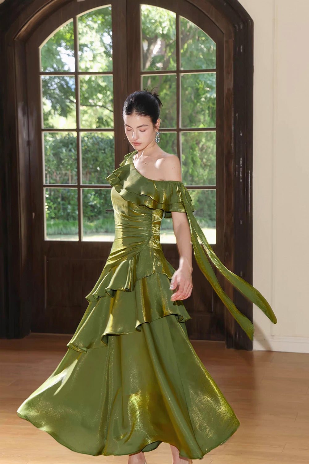 Olive Green Metallic One-Shoulder Evening Party Gown with Ruffles