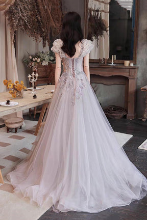 Lilac Grey Square Neck Bubble Sleeve Tulle Gown with Sequin Embroidery