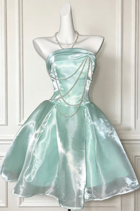Mint Green Strapless Tulle Mini Dress with Corset Back