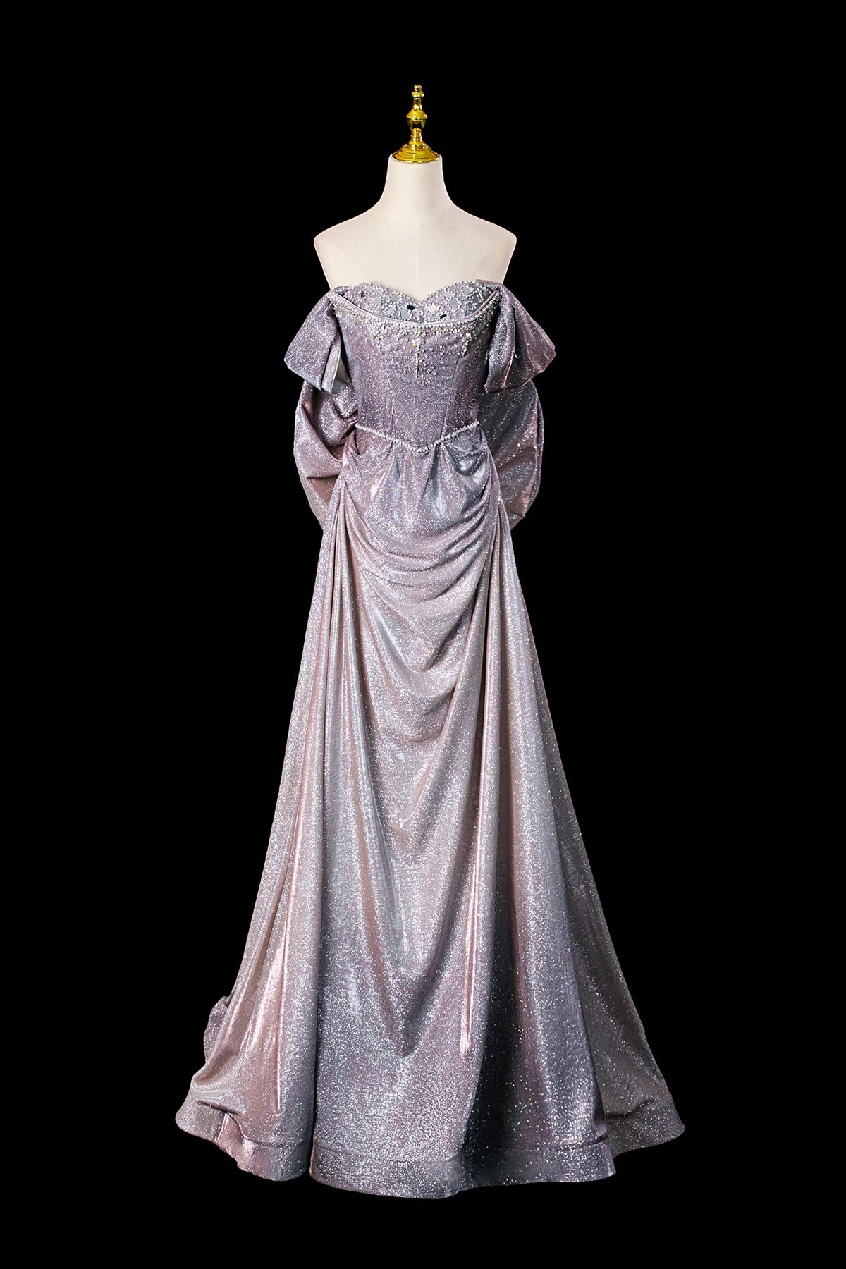 Elegant Off-the-Shoulder Glitter Prom Dress, Lilac Grey Formal Evening Gown