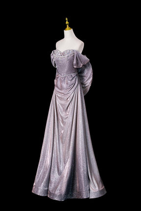 Elegant Off-the-Shoulder Glitter Prom Dress, Lilac Grey Formal Evening Gown