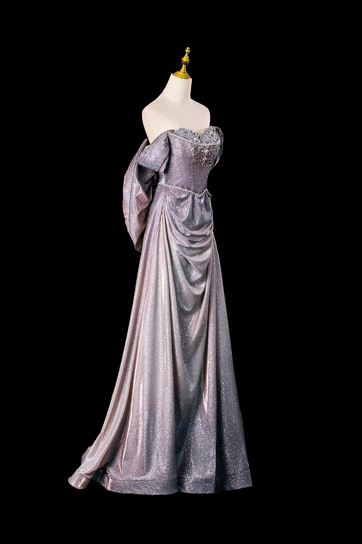 Elegant Off-the-Shoulder Glitter Prom Dress, Lilac Grey Formal Evening Gown