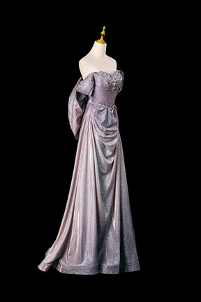 Elegant Off-the-Shoulder Glitter Prom Dress, Lilac Grey Formal Evening Gown