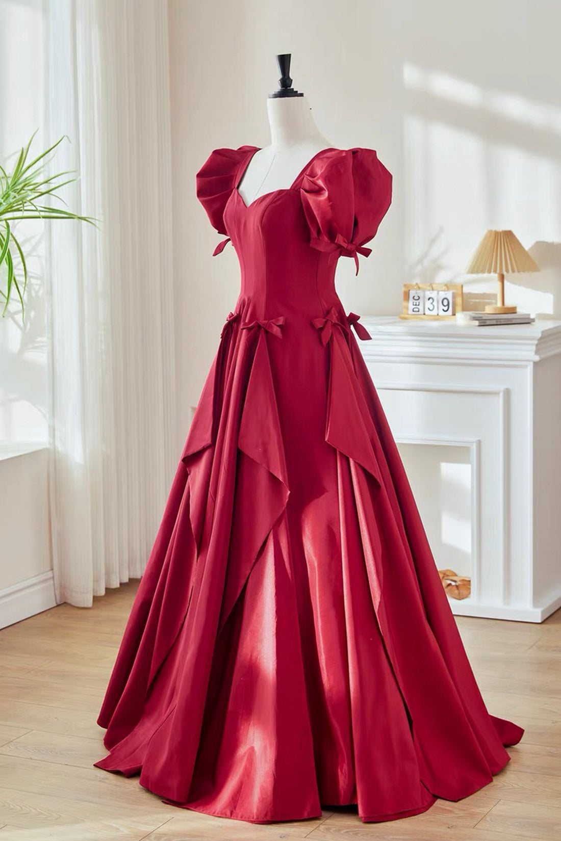 Burgundy Satin Long A-Line Prom Party Dress with Puff Sleeves