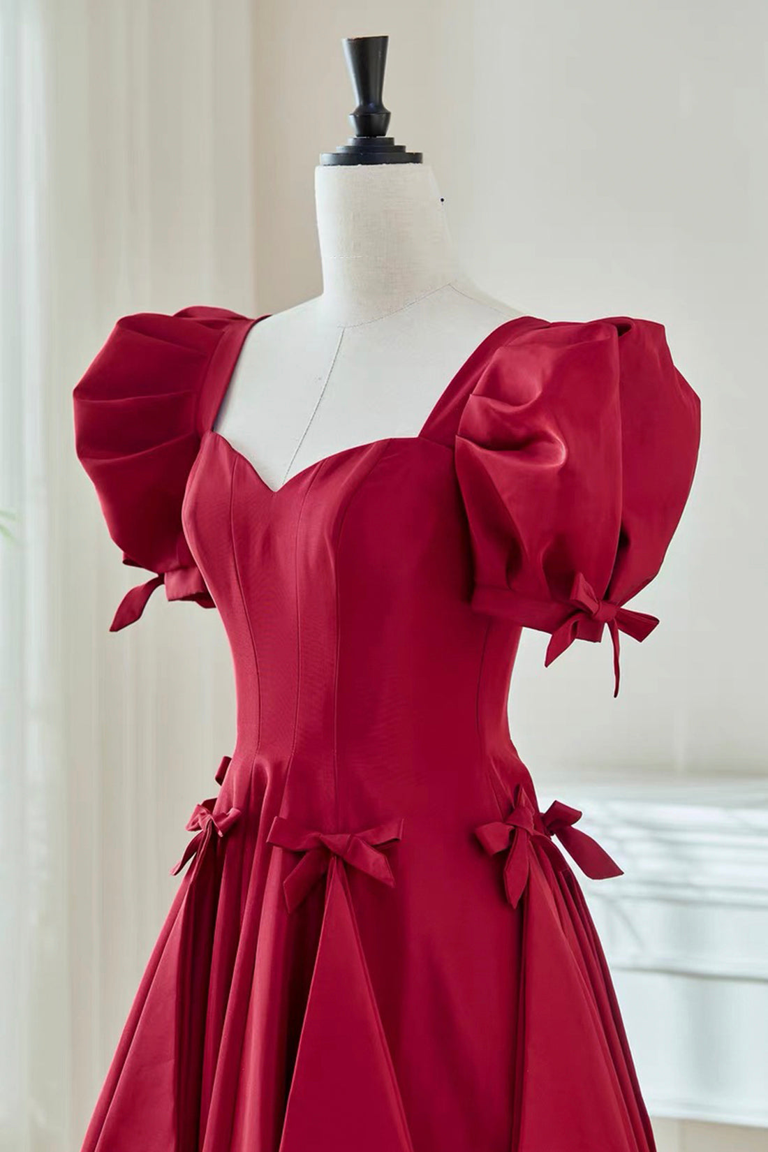Burgundy Satin Long A-Line Prom Party Dress with Puff Sleeves