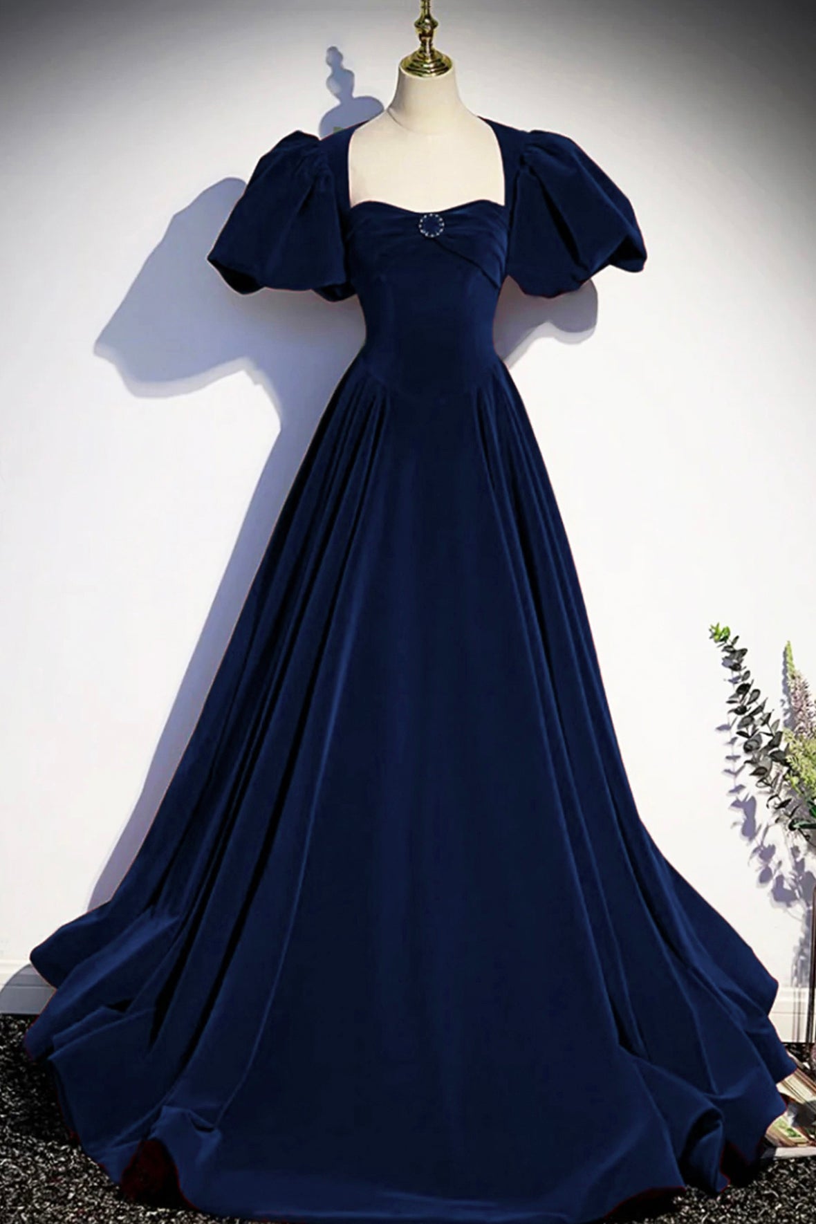 Blue Velvet Floor Length Prom Dress, Elegant Short Sleeve Evening Party Dress