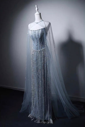 Elegant Light Blue Beaded Mermaid Gown with Detachable Tulle Cape