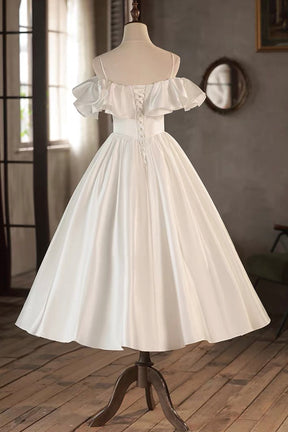 French-Style Off-Shoulder Satin Tea-Length Party Dress with Ruffled Hem