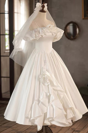 French-Style Off-Shoulder Satin Tea-Length Party Dress with Ruffled Hem