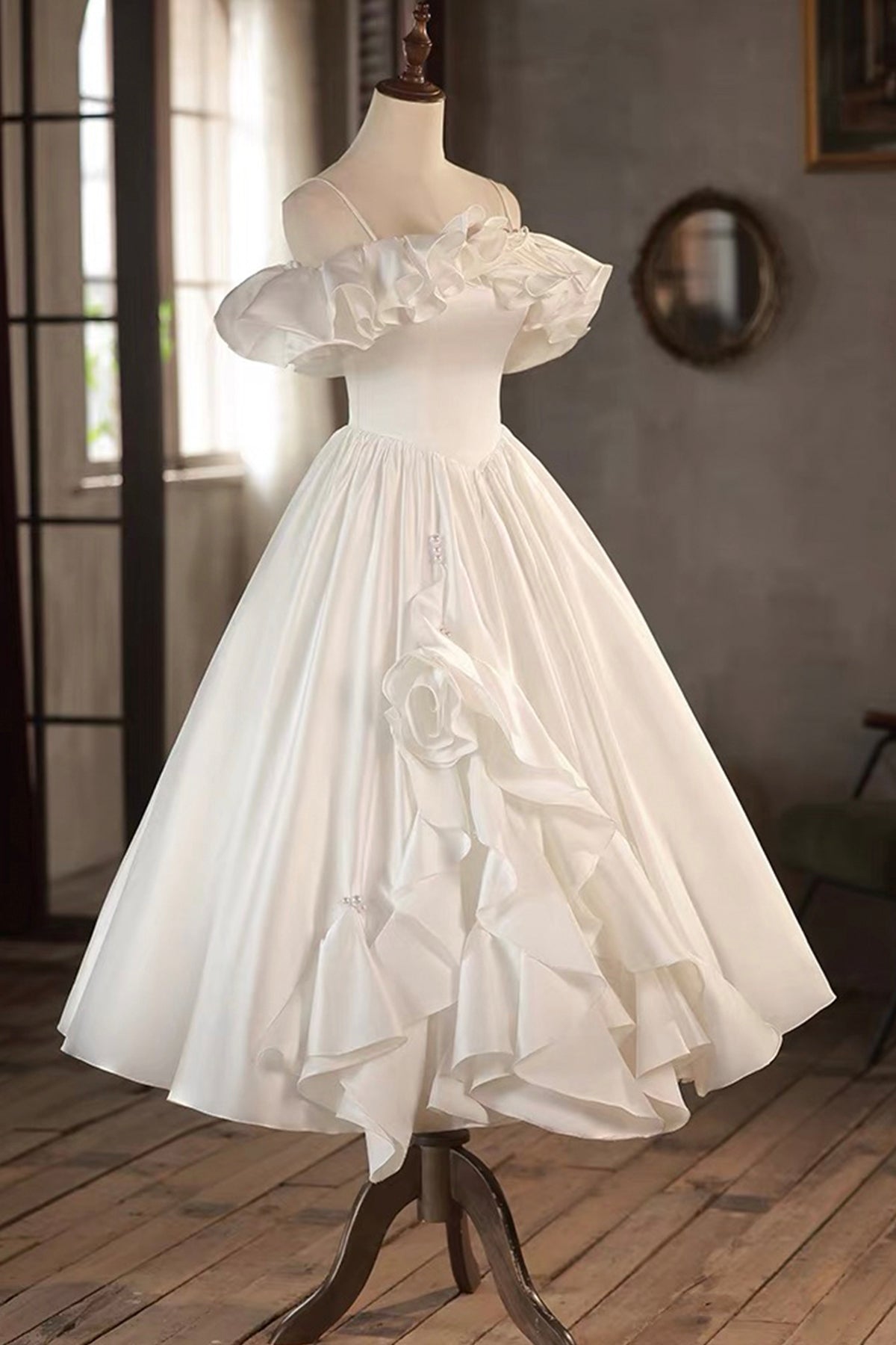 French-Style Off-Shoulder Satin Tea-Length Party Dress with Ruffled Hem