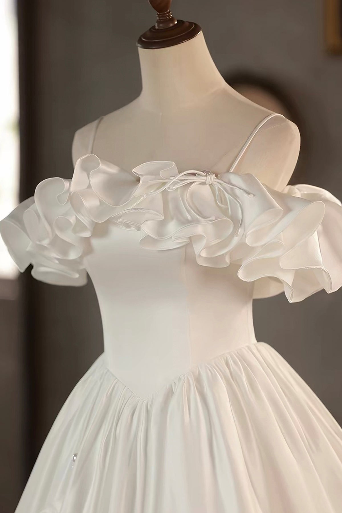 French-Style Off-Shoulder Satin Tea-Length Party Dress with Ruffled Hem