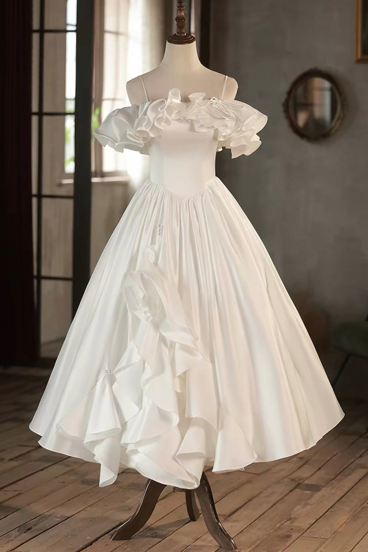 French-Style Off-Shoulder Satin Tea-Length Party Dress with Ruffled Hem
