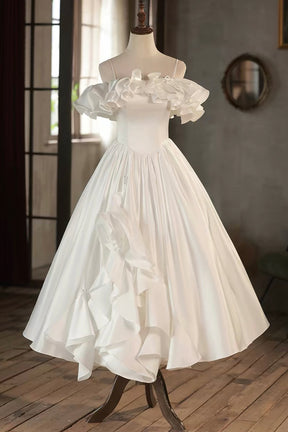 French-Style Off-Shoulder Satin Tea-Length Party Dress with Ruffled Hem