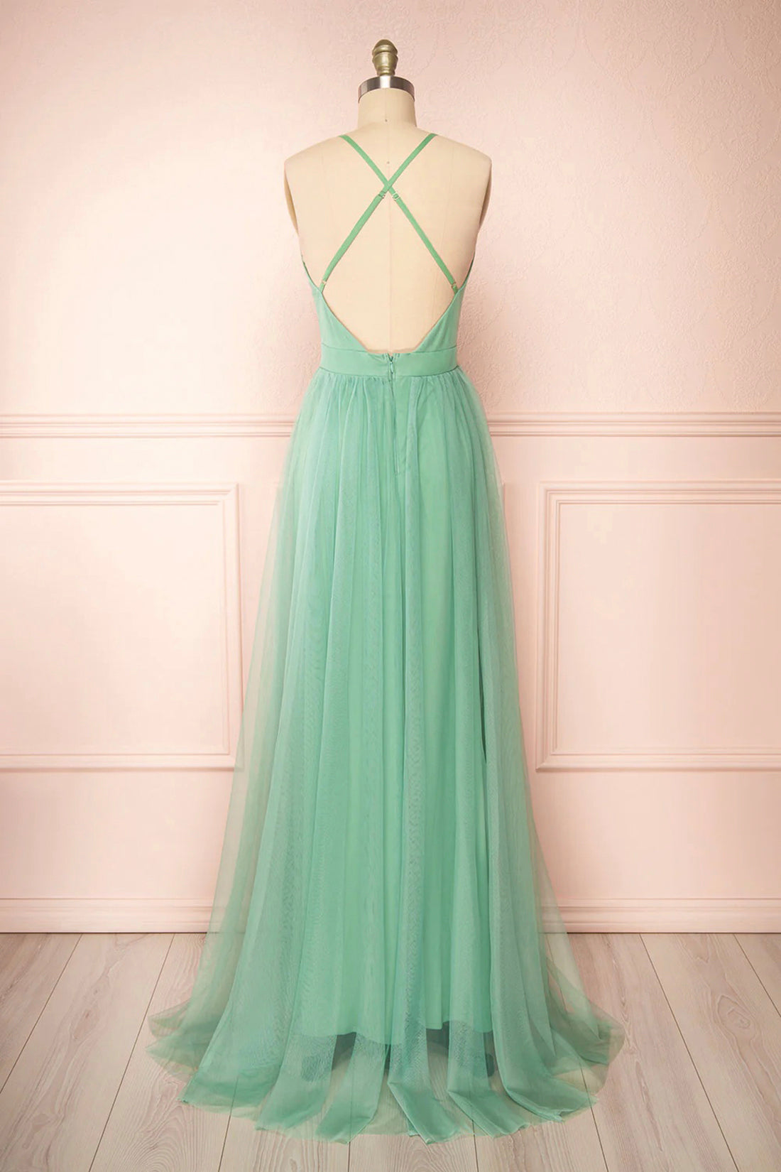 Sage Green V-Neck Tulle Long Prom Dress, Simple Backless Evening Dress Sage Green V-Neck Tulle Long Prom Dress, Simple Backless Evening Dress