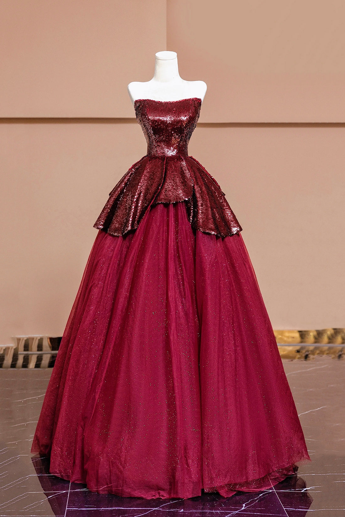 Burgundy Tulle Sequins Long Prom Dress, A-Line Strapless Evening Party Dress