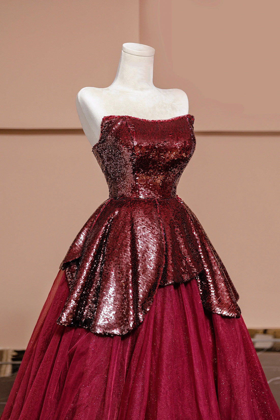 Burgundy Tulle Sequins Long Prom Dress, A-Line Strapless Evening Party Dress
