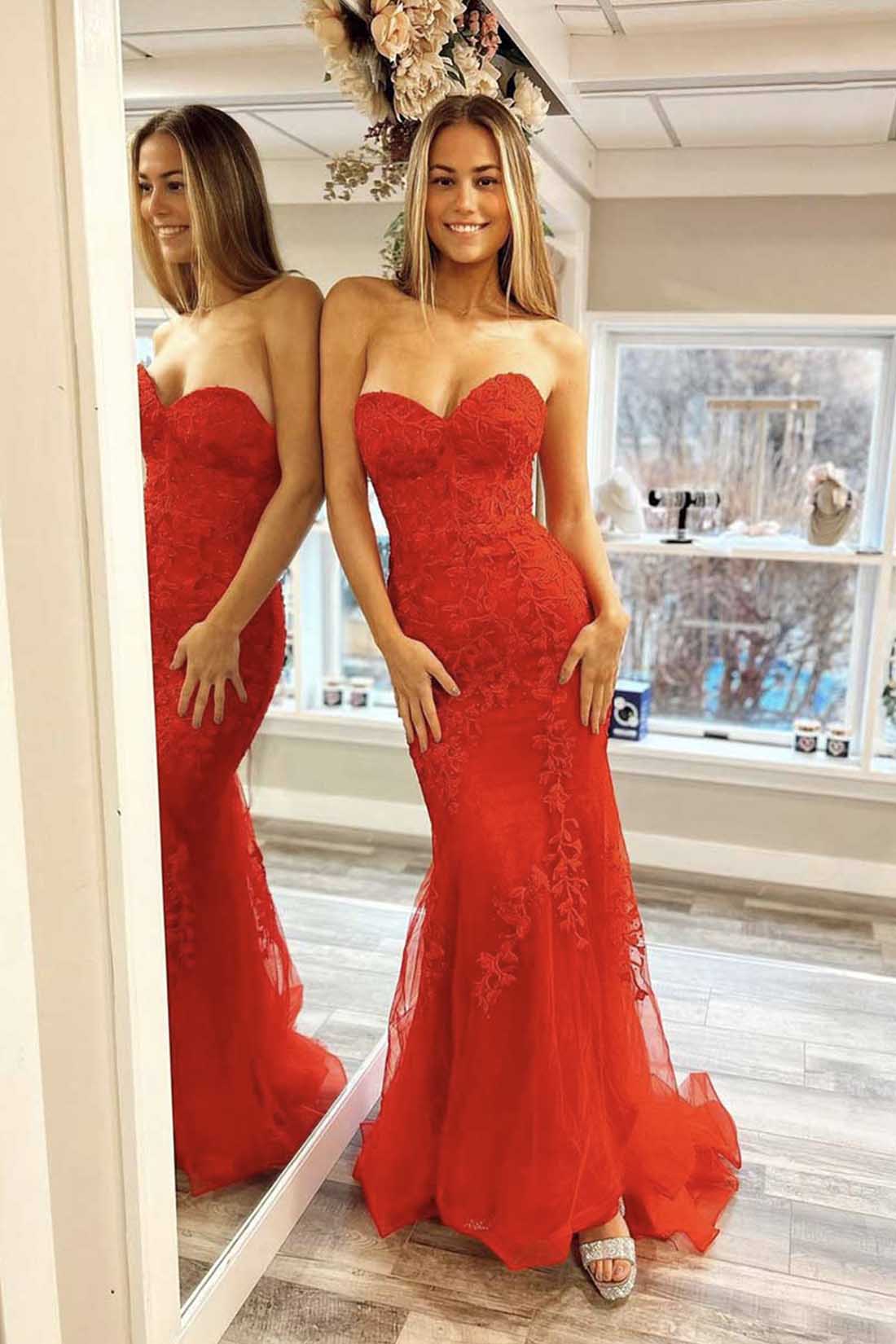 Mermaid Strapless Lace Long Prom Dress, Red Evening Party Dress