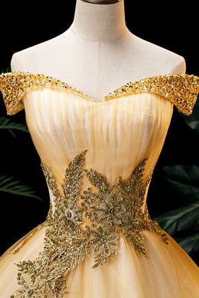 Gold Floor Length Tulle Beading Formal Dress, Lovely Off the Shoulder Evening Party Dress