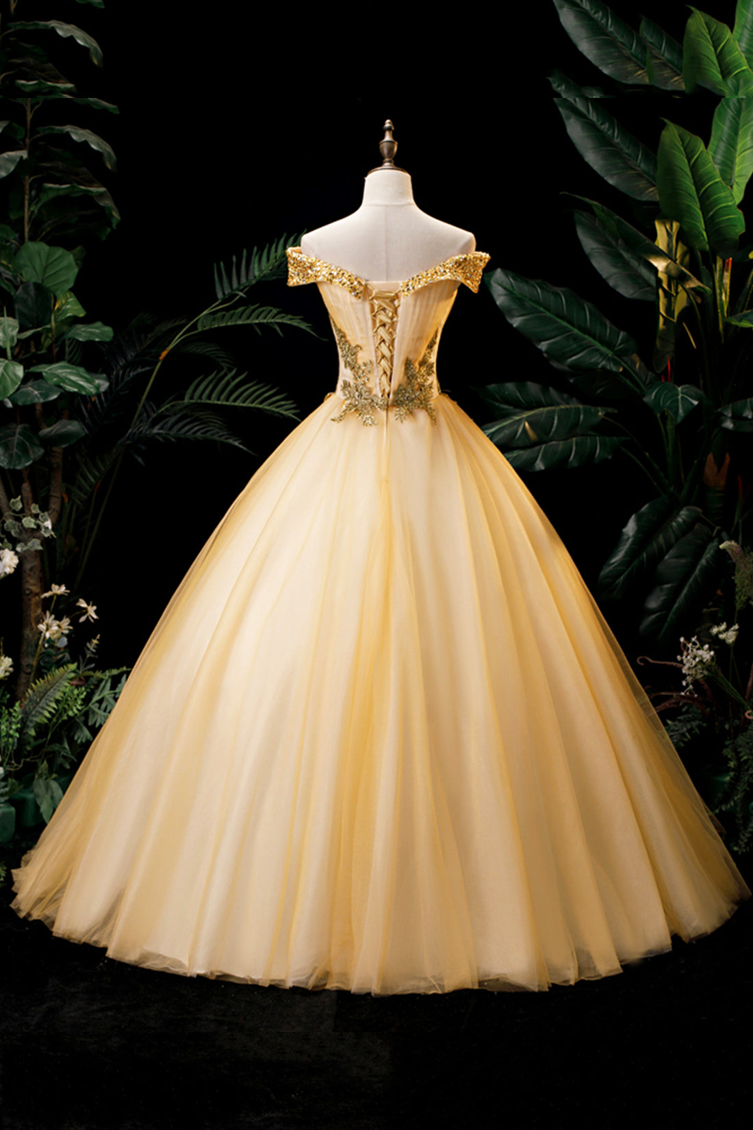 Gold Floor Length Tulle Beading Formal Dress, Lovely Off the Shoulder