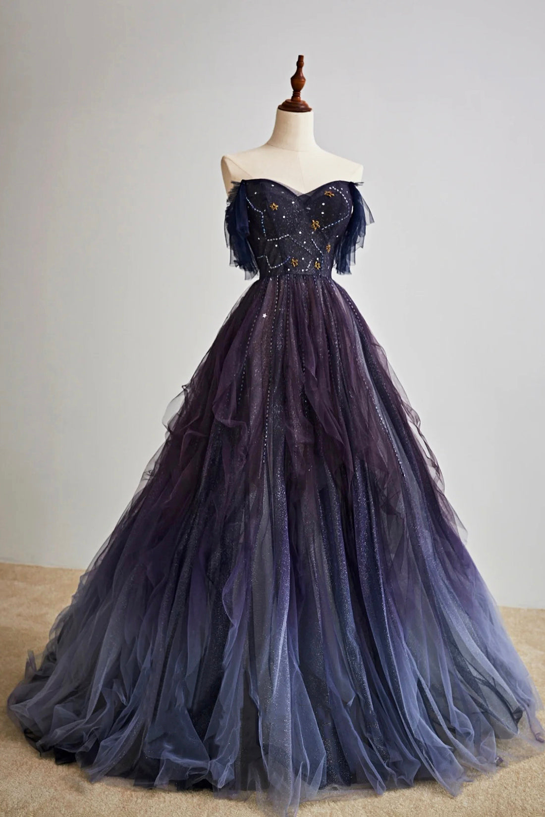 Purple Gradient Tulle Long Prom Dress, Beautiful A-Line Evening Party Dress with Beaded