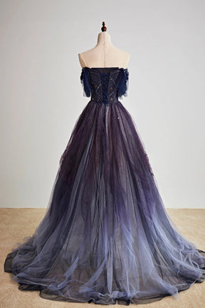 Purple Gradient Tulle Long Prom Dress, Beautiful A-Line Evening Party Dress with Beaded