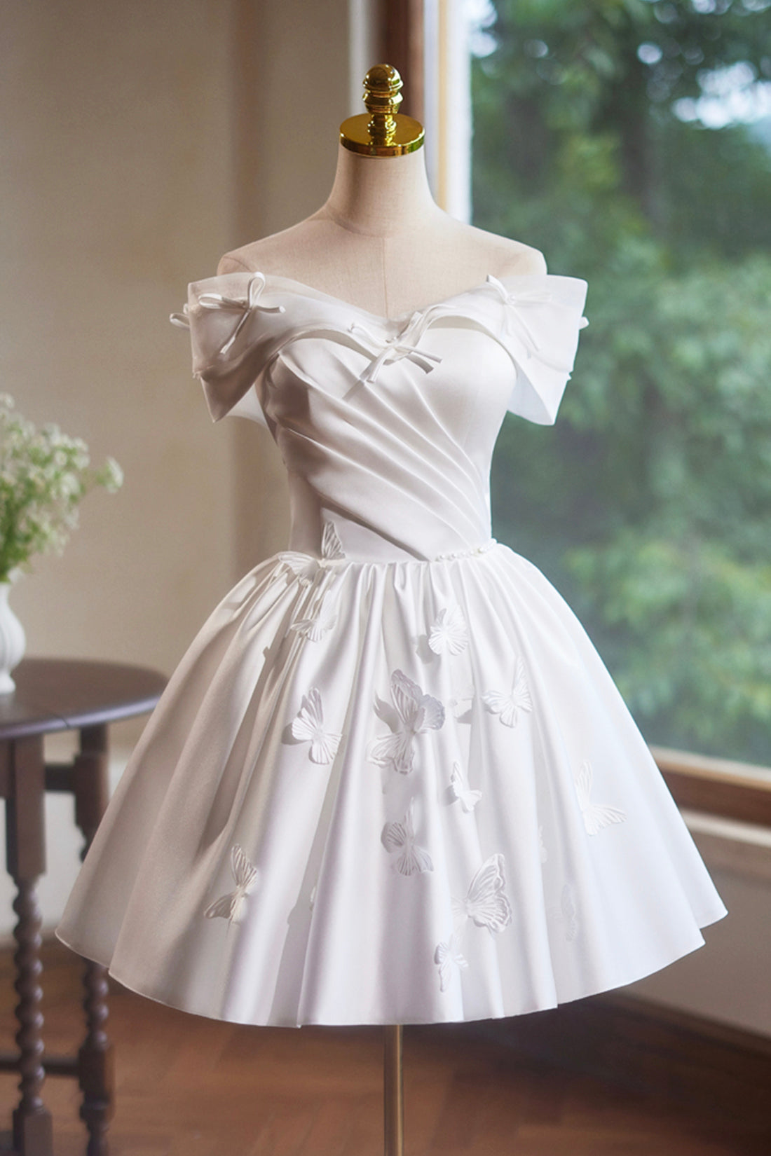 White Satin Knee Length Party Dress, Off the Shoulder A-Line Evening Dress