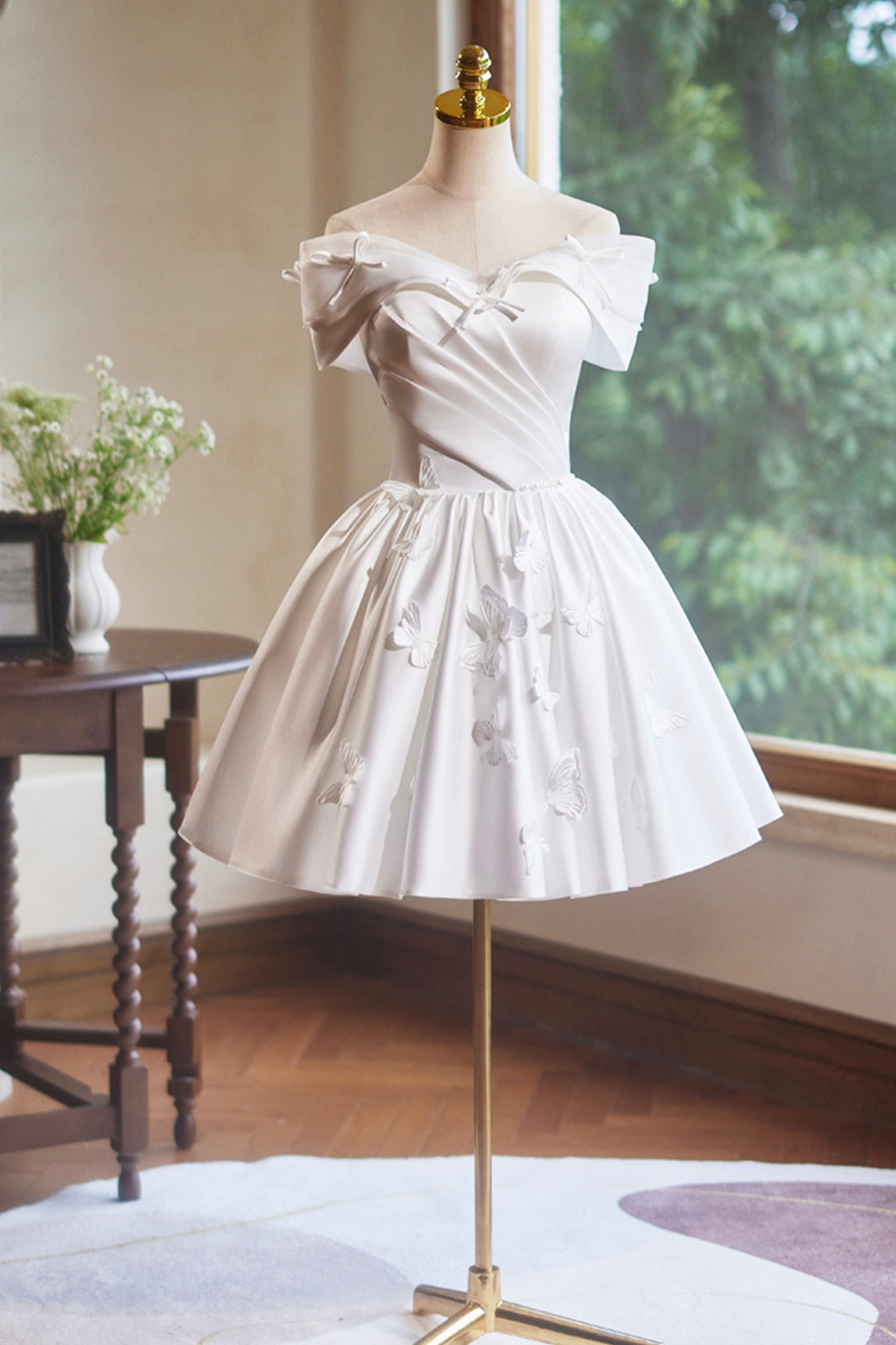 White Satin Knee Length Party Dress, Off the Shoulder A-Line Evening D White Satin Knee Length Party Dress, Off the Shoulder A-Line Evening D