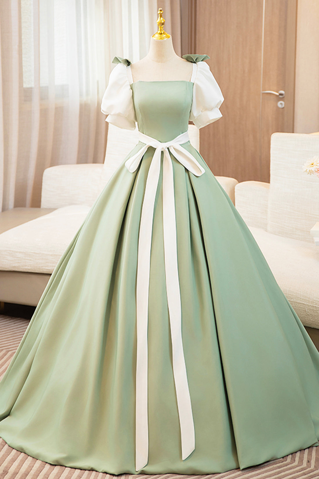 White and Green Long Prom Dress, Lovely A-Line Short Sleeve Evening Party Dress
