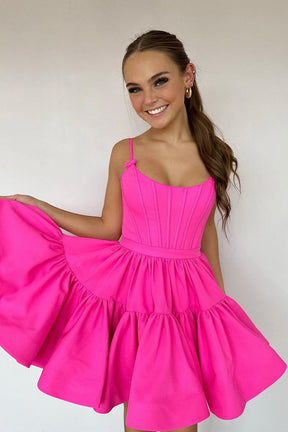 Cute A-line Spaghetti Straps Satin Pink Homecoming Dress, Hot Pink Short Graduation Dress