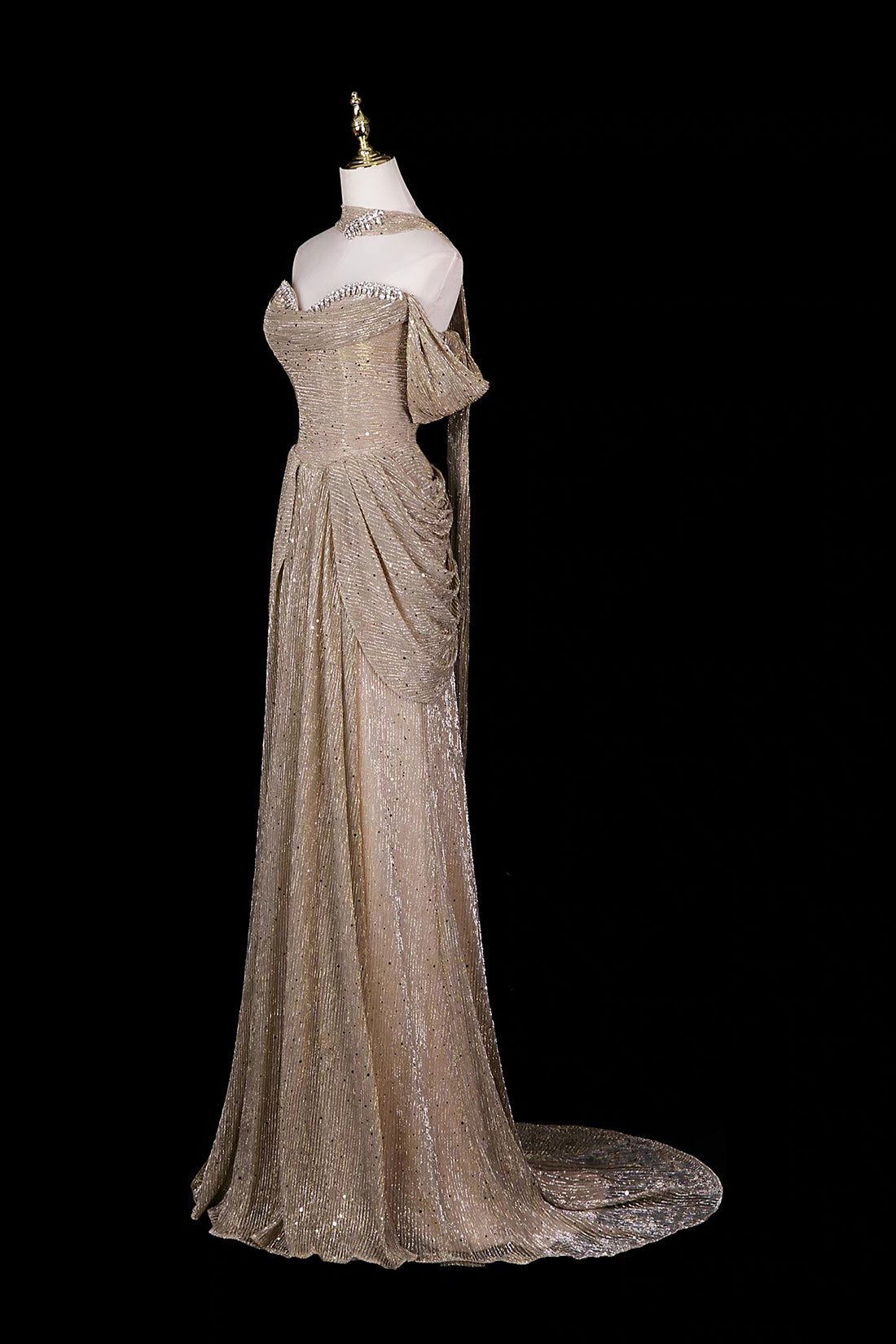 Champagne Gold Off-Shoulder Sequin Gown with Ruffled Shoulders & Layered Tulle Skirt