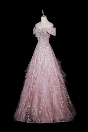 Pink Off-Shoulder Sequin Gown with Ruffled Shoulders