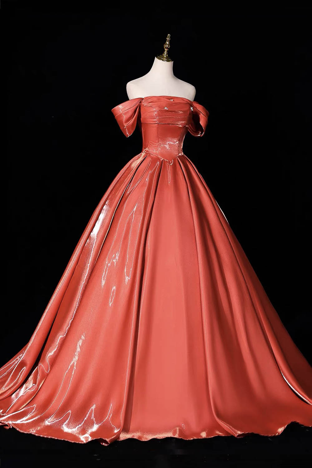 Orange Satin Off-Shoulder Ball Gown with Ruched Bodice & Lace-Up Back – Shiny Formal Dress
