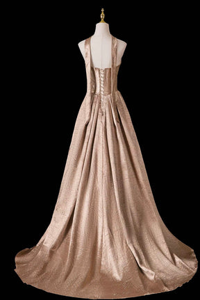 Champagne Gold Metallic Strapless Gown with Neck Ribbon – Shimmering Evening Dress