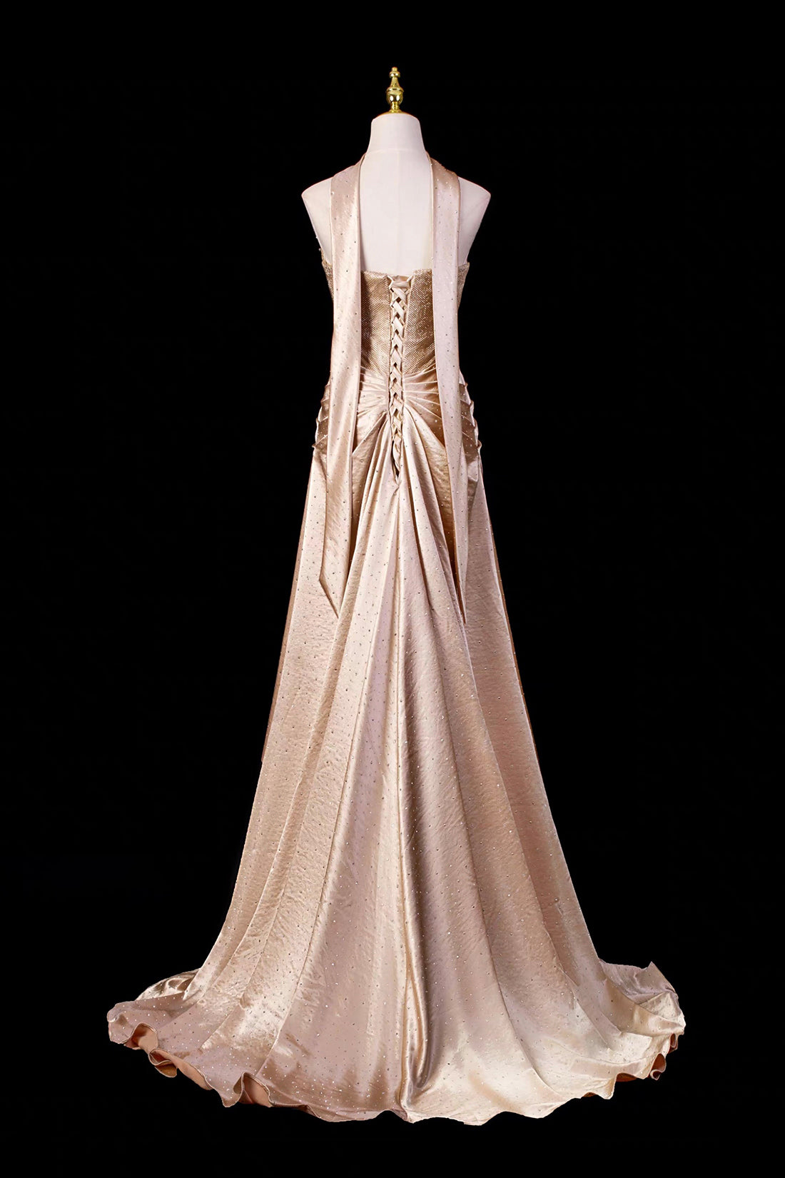 Gold Satin Strapless Gown with Crystal Embellished Bodice