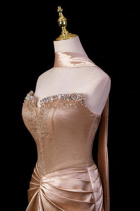 Gold Satin Strapless Gown with Crystal Embellished Bodice