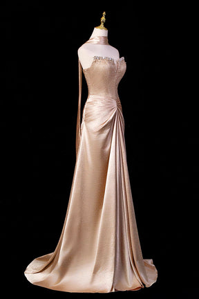 Gold Satin Strapless Gown with Crystal Embellished Bodice