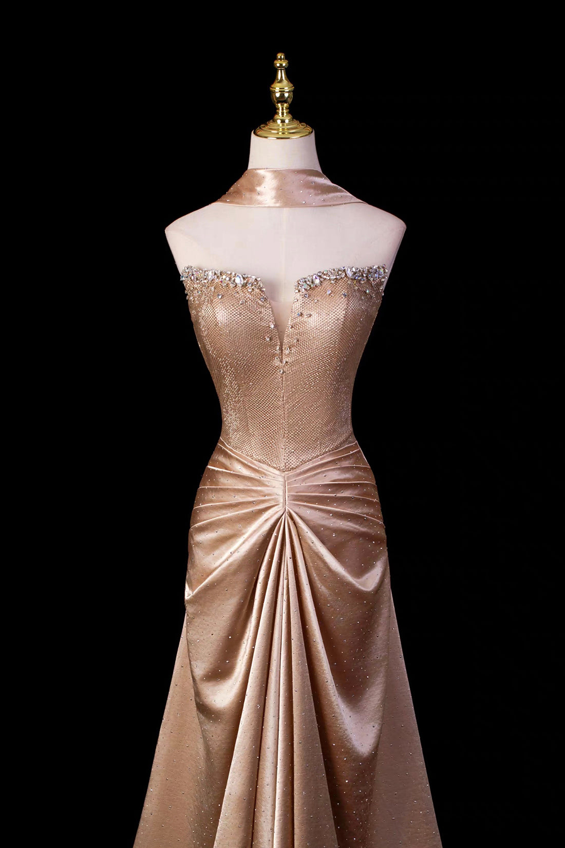 Gold Satin Strapless Gown with Crystal Embellished Bodice