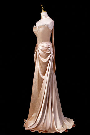 Gold Satin Strapless Gown with Crystal Embellished Bodice