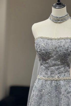 Silver Beaded Strapless Evening Gown with Detachable Cape