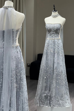 Silver Beaded Strapless Evening Gown with Detachable Cape