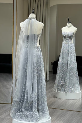 Silver Beaded Strapless Evening Gown with Detachable Cape