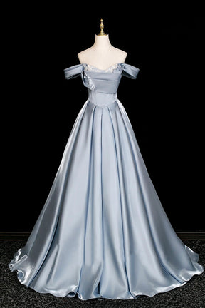 Satin Off-the-Shoulder Ball Gown - Elegant Grey Blue Long Formal Dress for Prom