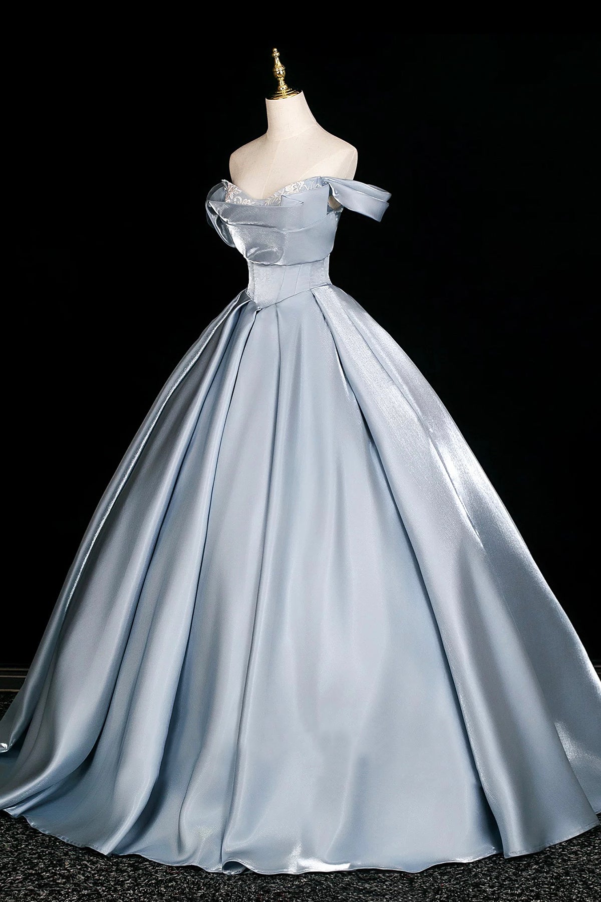 Satin Off-the-Shoulder Ball Gown - Elegant Grey Blue Long Formal Dress for Prom
